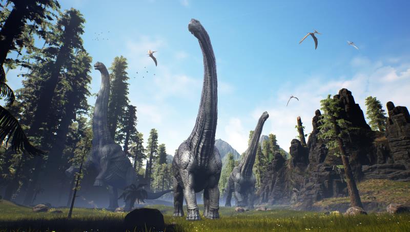 Three large dinosaurs with long necks towering over a forest landscape