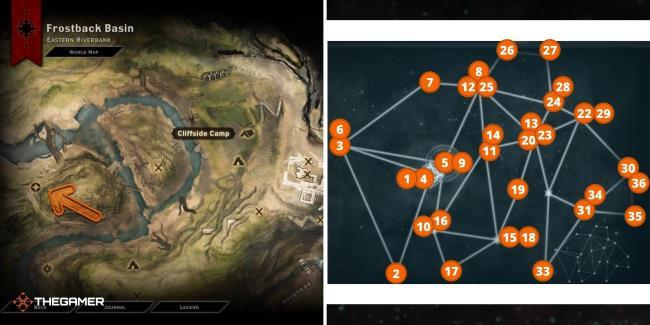 Dragon Age Inquisition Astrariums, Fulmenos - Cliffside Path (location on left, solution on right)