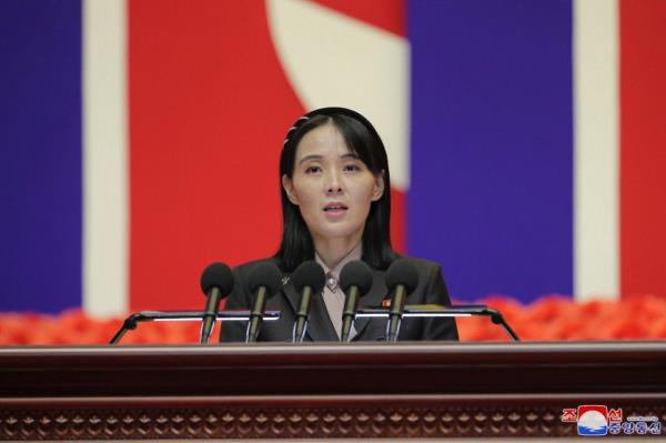 This file photo from Aug. 11, 2022, shows Kim Yo-jong, North Korean leader Kim Jong-un's sister and vice department director of the ruling Workers' Party's Central Committee, making a speech during a natio<em></em>nal meeting on anti-epidemic measures held in Pyo<em></em>ngyang the previous day. (KCNA)