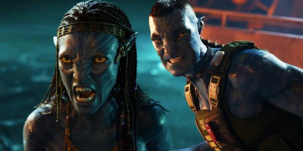 Neytiri baring her teeth next to Quaritch's recombinant from Avatar: The Way of Water